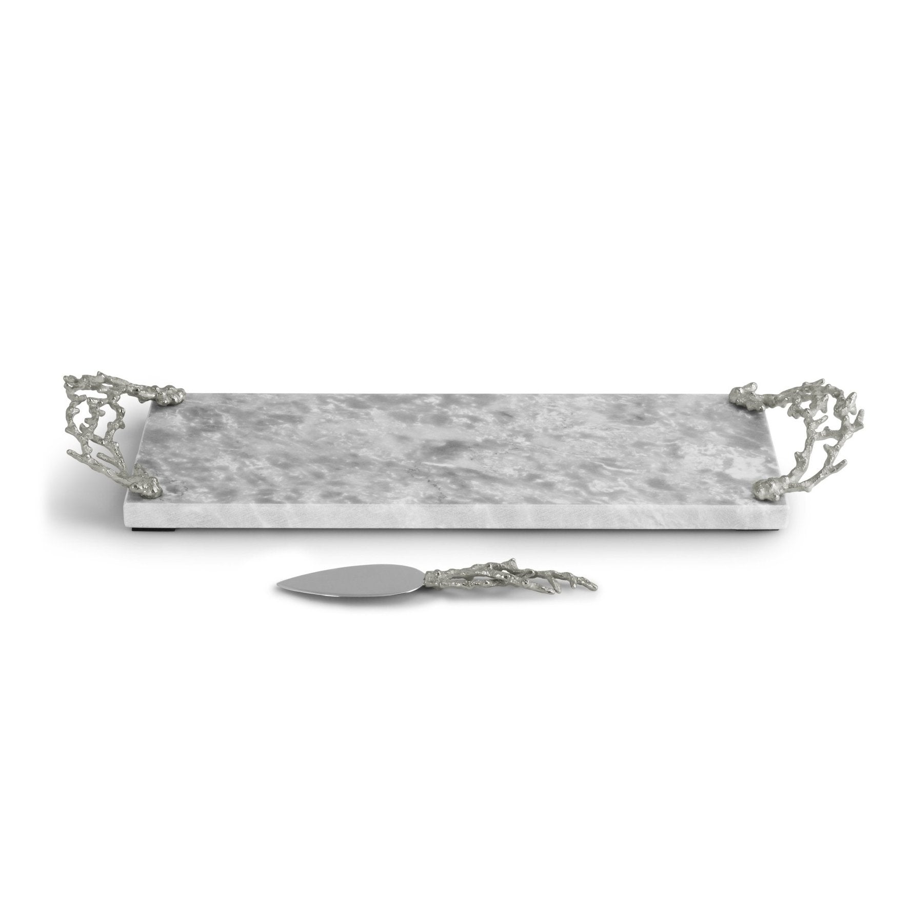 Ocean Reef Small Cheese Board by Michael Aram, featuring decorative handles and a matching cheese knife placed in front.