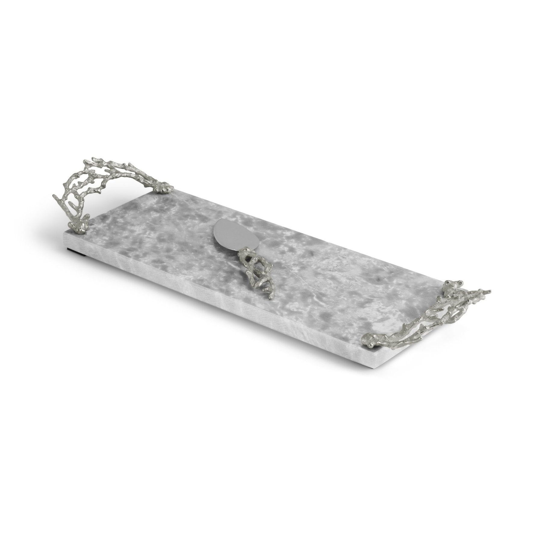 The Michael Aram Ocean Reef Small Cheese Board features a rectangular marble design, two ornate stainless steel handles, and includes a silver knife on top, inspired by the elegance of Ocean Reef.