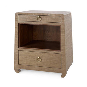 The Ming 2 Drawer Side Table in Brown by McCann Design Group features two drawers with polished brass finished pulls and an open shelf.