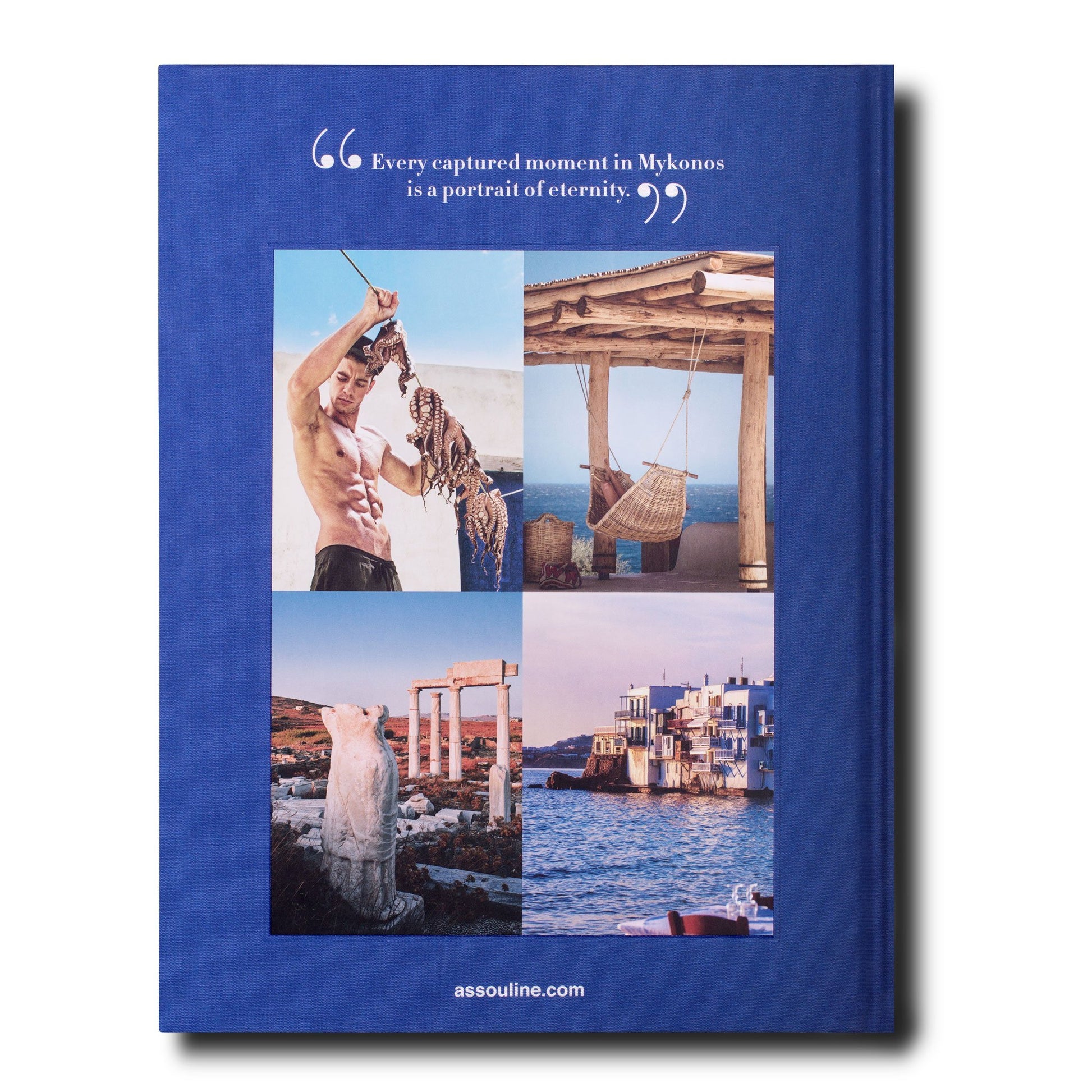 A Mykonos Muse book from Assouline with a picture of a boat on the beach.