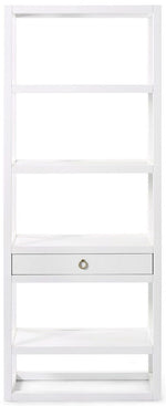 Explore the Newport Etagere by Bungalow5 in white lacquer, a freestanding bookshelf with five open shelves and a central drawer. Its sleek, modern design is inspired by campaign furniture, combining style and function.