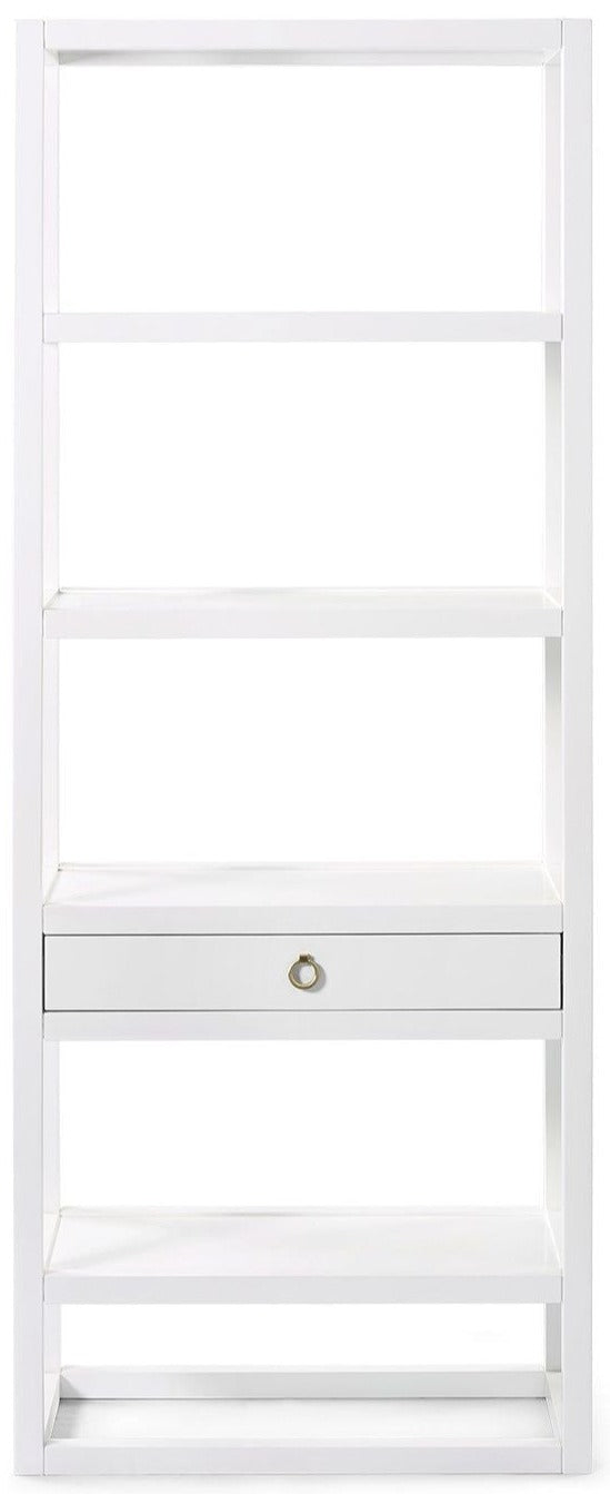 Explore the Newport Etagere by Bungalow5 in white lacquer, a freestanding bookshelf with five open shelves and a central drawer. Its sleek, modern design is inspired by campaign furniture, combining style and function.