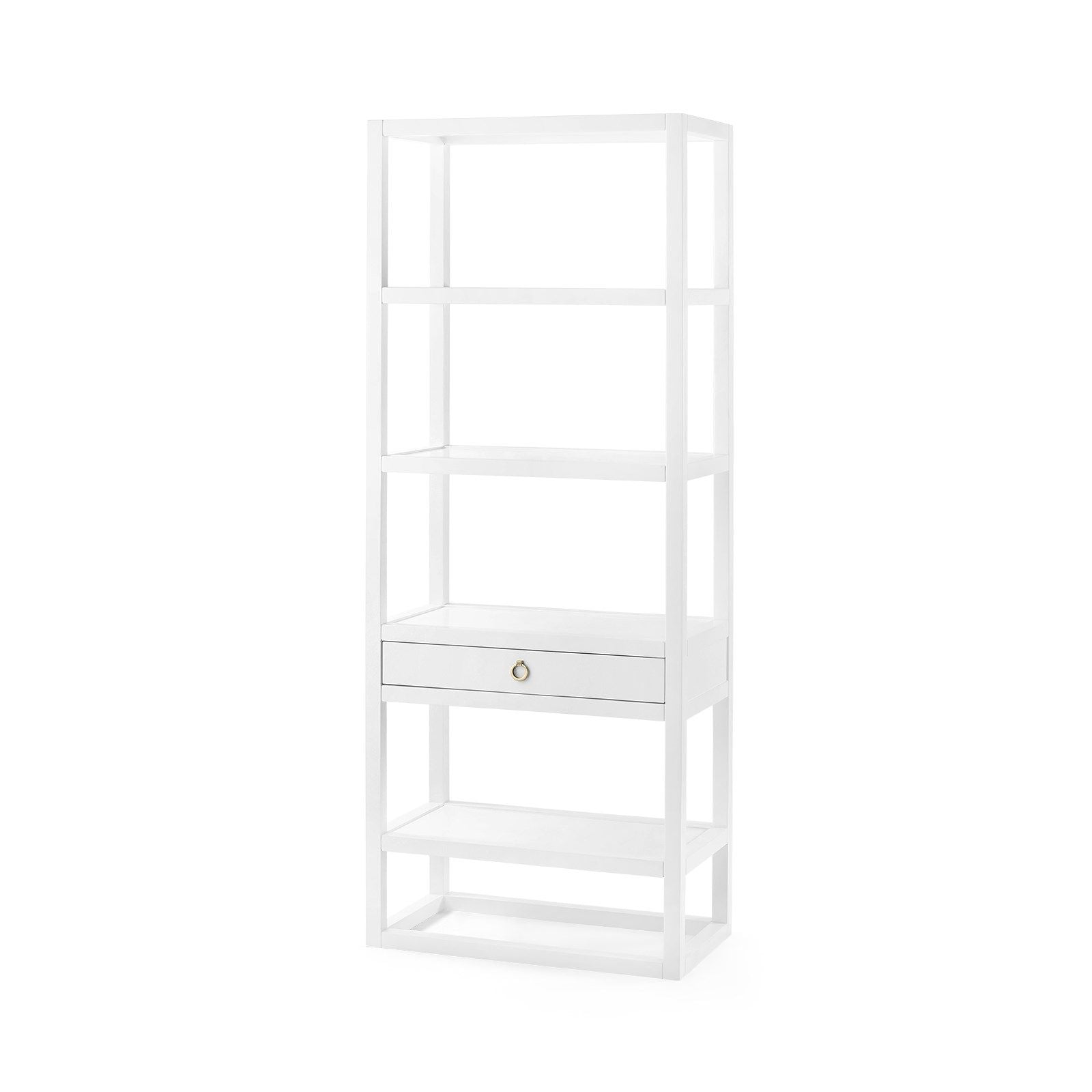 The Newport Etagere by Bungalow5, a part of the Newport collection, features a central drawer with a gold handle and four open shelves. Made from white lacquered wood, it adds elegance to any space and complements modern campaign furniture styles.