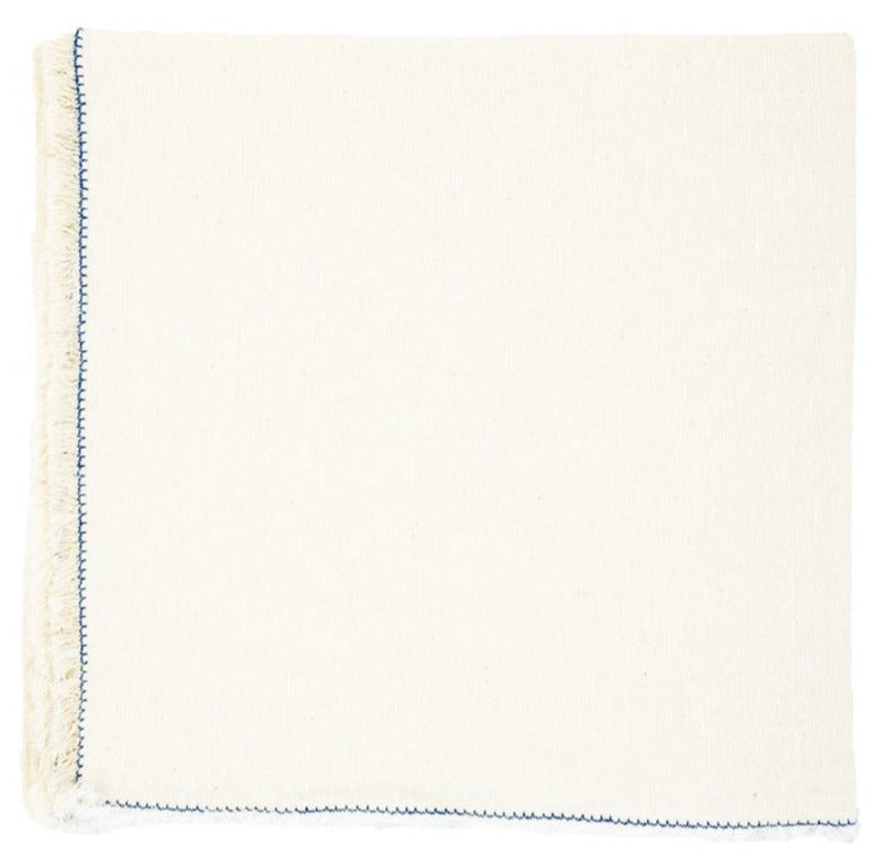 The Nomad Stitch Fringe Napkin Set by Deborah Rhodes features plain, square napkins with white borders and blue stitching along two edges, laid flat against a white background.