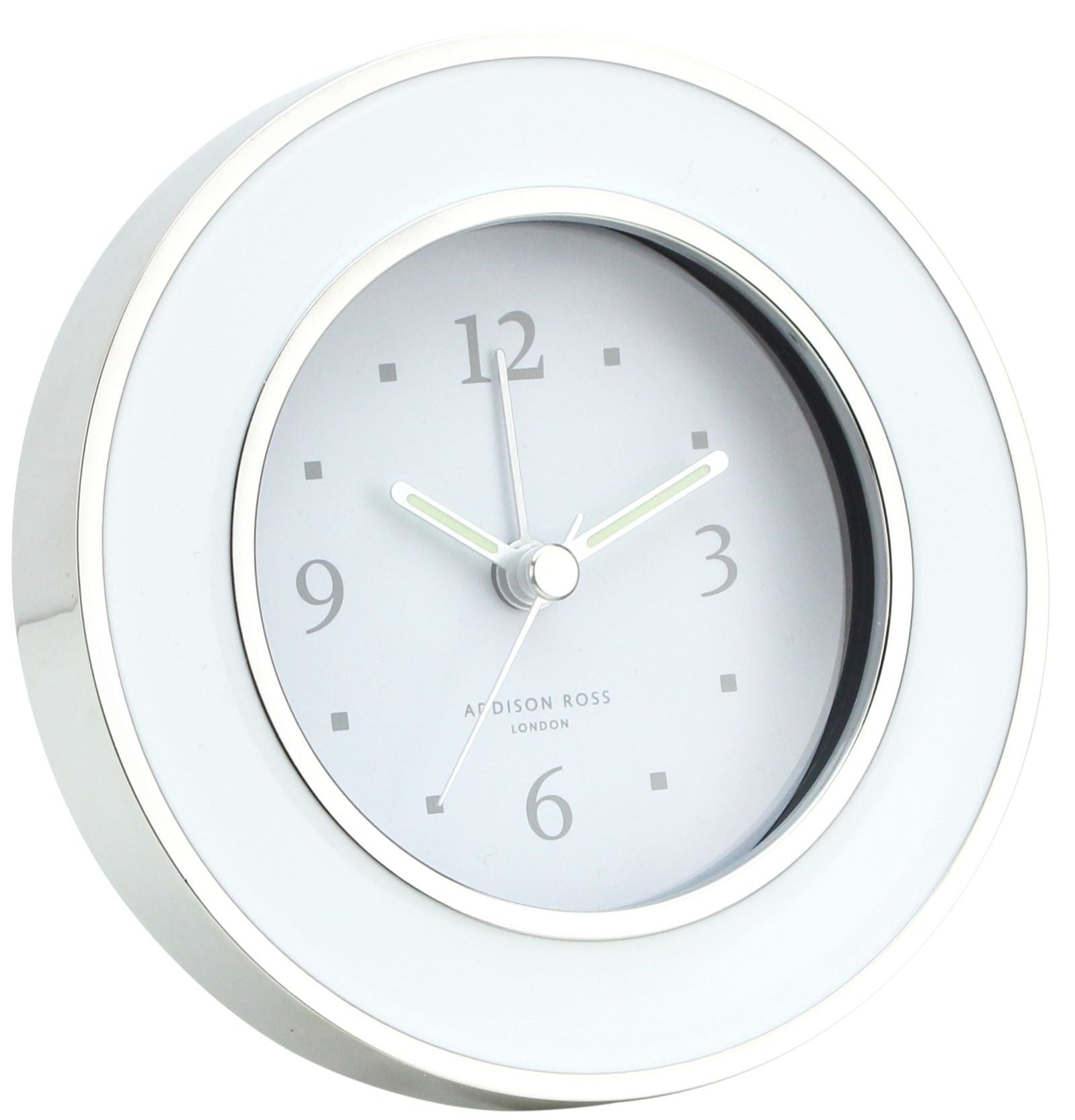 The Round Silver Alarm Clock by Addison Ross features black hour and minute hands on a gray face, displays 10:09:37, and is ideal for any bedside table.