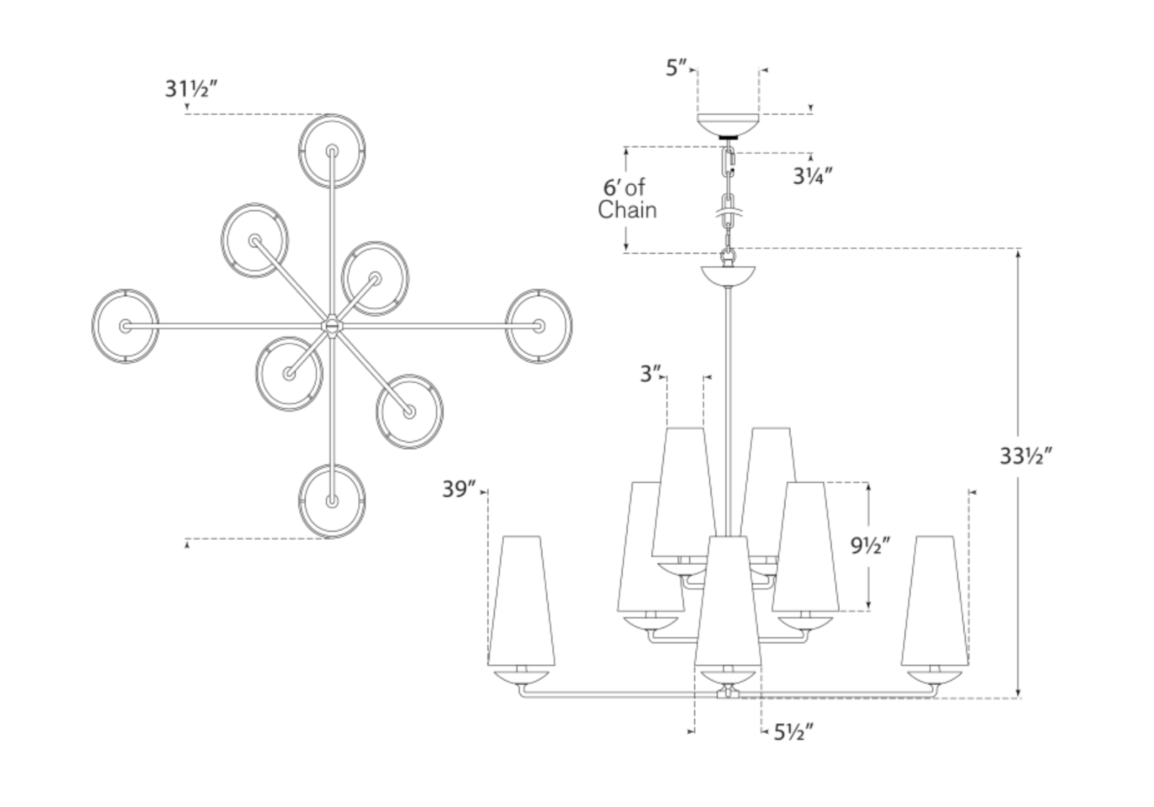 Technical blueprint of a Fontaine Large Offset Chandelier in Plaster White by Visual Comfort showing various measurements and design details, including chain length and lamp dimensions.