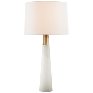 The Olsen Table Lamp by Visual Comfort features a white cylindrical shade and an antique brass geometric base with metallic accents, offering adjustable dimmer wattage for a personalized ambience.
