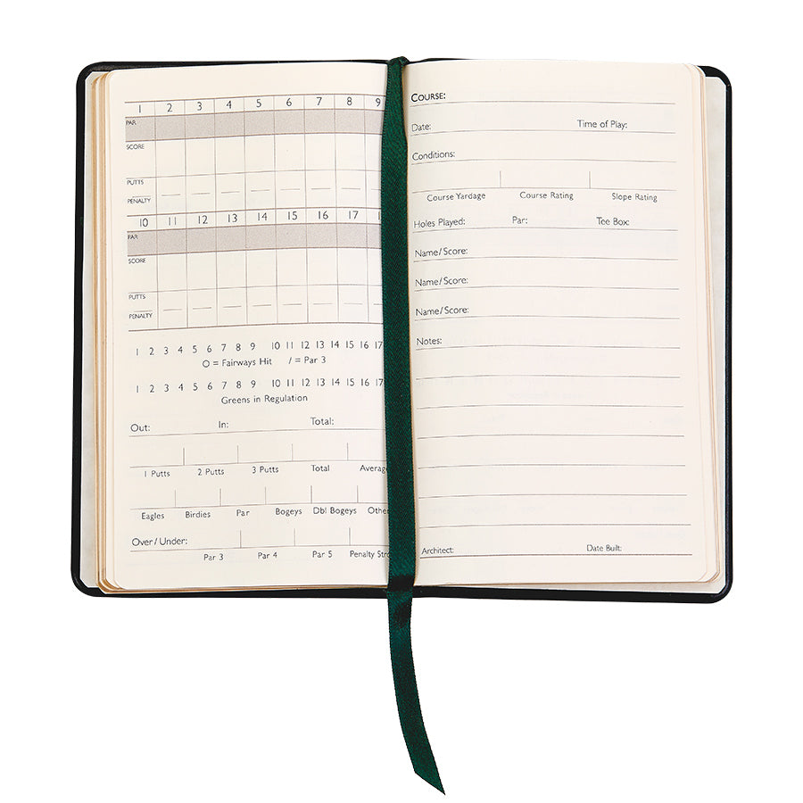The On the Green Score Book by Graphic Image is an elegant leather golf scorebook featuring sections for date, conditions, player names, scores, and stats. It includes a green ribbon bookmark and makes a perfect functional and luxurious gift for golfers.
