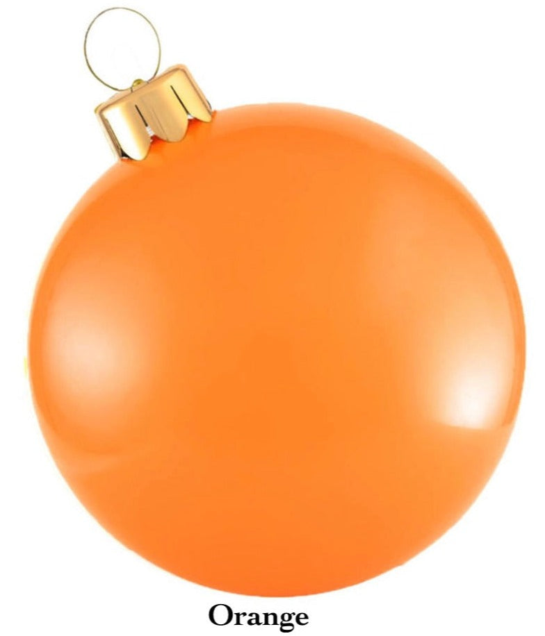 The Holiball Giant Inflatable Ornament, an orange Christmas ornament from the Holiball brand, featuring a gold cap and loop for hanging, is displayed against a plain white background.