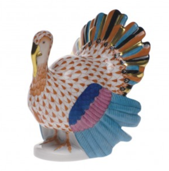 Herend Turkey Collection porcelain figurine features a turkey with patterned feathers in orange, blue, pink, and 24K gold accents atop a white base.