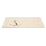 The Orsett Desk Blotter Set by Pigeon & Poodle is a beige, rectangular cream leather desk set with a round tray and two pens, all shown on a white background.