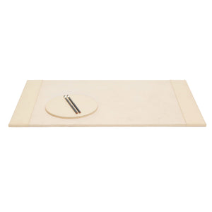 The Orsett Desk Blotter Set by Pigeon & Poodle is a beige, rectangular cream leather desk set with a round tray and two pens, all shown on a white background.