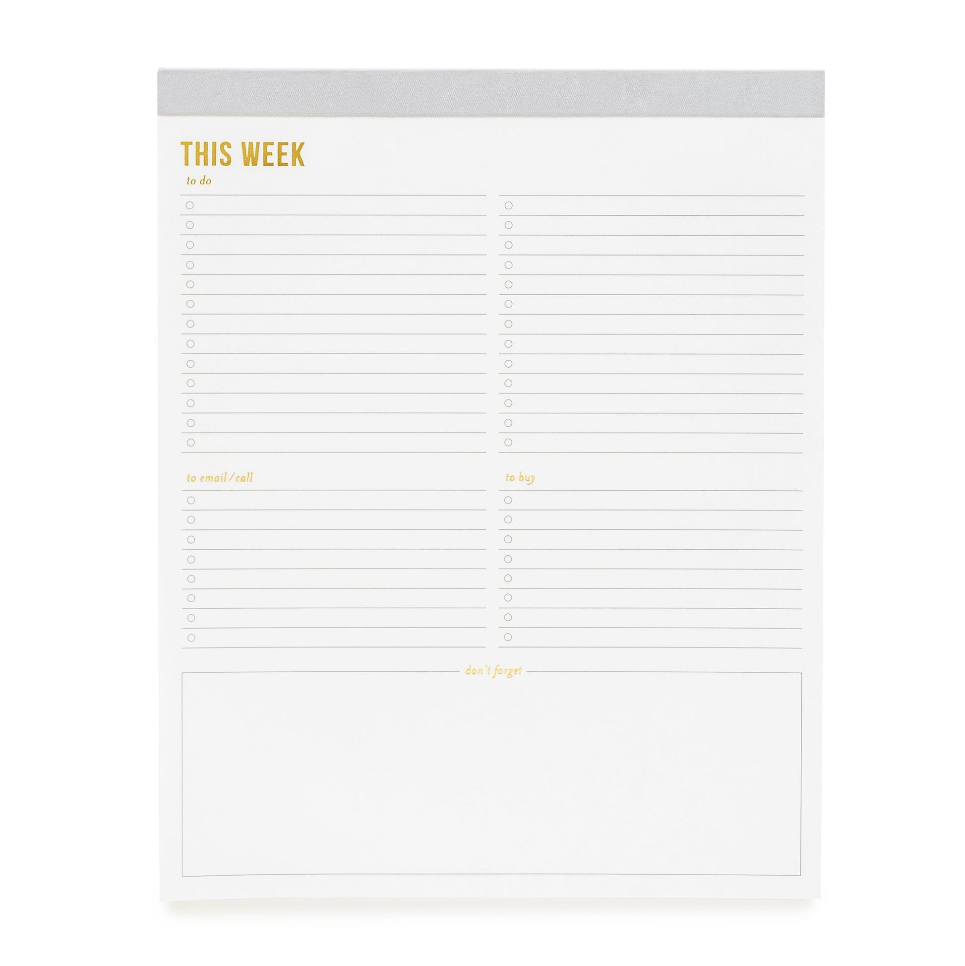 The Sugar Paper "This Week" Large Gray Pad offers organized sections for to-do’s, emails/calls, shopping lists, and reminders—plus lined spaces and checkboxes—making desktop planning simple.
