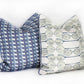 Two Cremaillere Indigo Pillows with blue and white designs, crafted from 100% linen and custom-made in the USA by Edgar Custom Drapery.