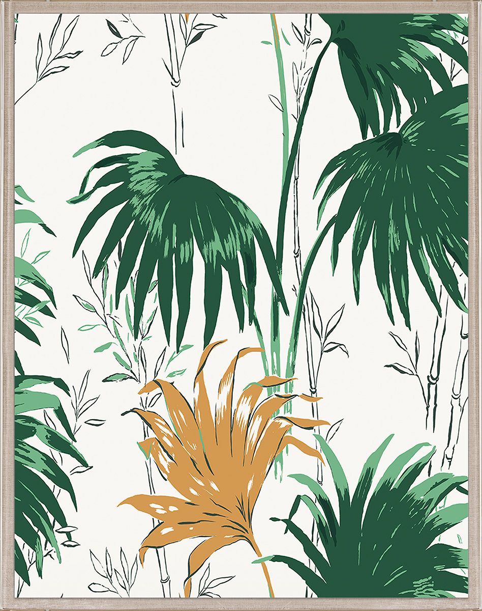 The Paule Marrot Green and Yellow Palm Leaves I, 42" x 54" by Natural Curiosities features vibrant green and yellow palm leaves with bamboo and foliage on white—ideal for fans of bold, artistic textile prints.