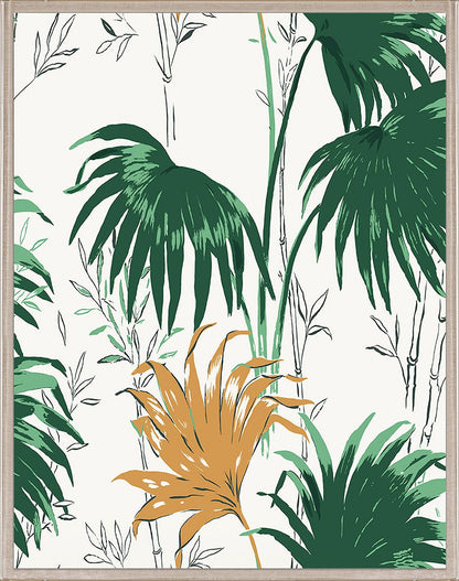 The Paule Marrot Green and Yellow Palm Leaves I, 42" x 54" by Natural Curiosities features vibrant green and yellow palm leaves with bamboo and foliage on white—ideal for fans of bold, artistic textile prints.