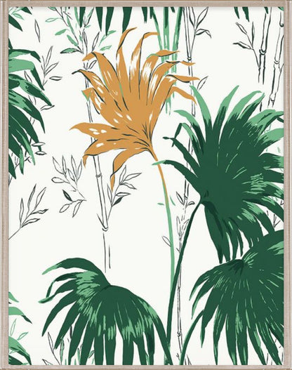 Paule Marrot Green and Yellow Palm Leaves II by Natural Curiosities features green palm leaves and a yellow flower on white, inspired by Paule Marrot’s natural world art style, in a 42" x 54" print.