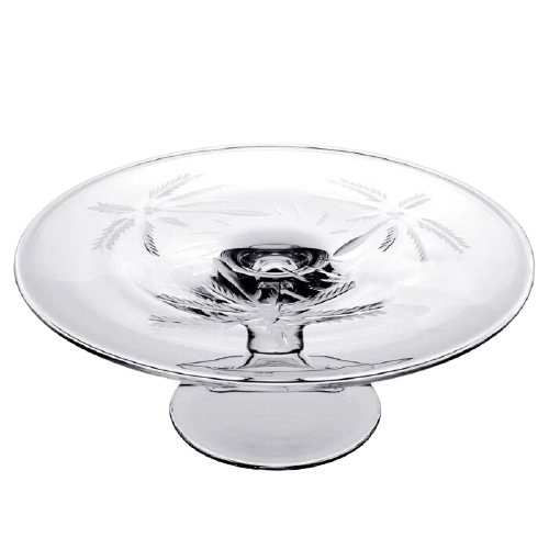 The William Yeoward Crystal Palmyra Serving Platter is a clear glass piece with etched palm trees on the bowl and base, designed with a pedestal style, resembling a handmade goblet.