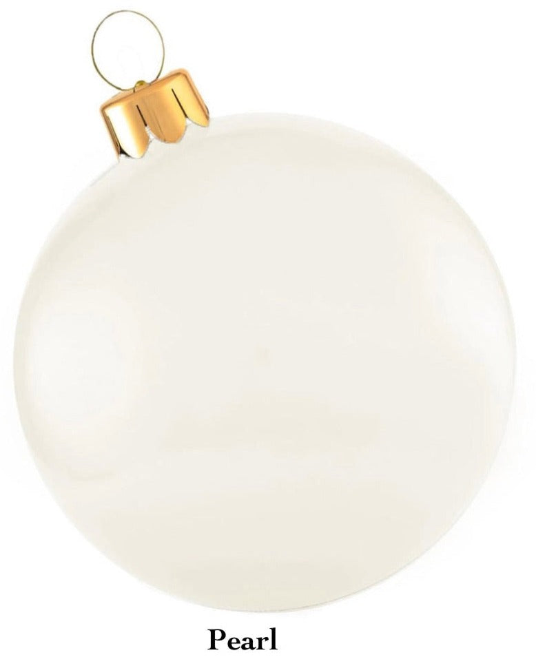 A round, white holiday decoration with a gold cap and loop, labeled "Pearl," from the sophisticated Holiball Giant Inflatable Ornament collection by Holiball.