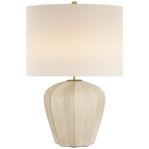 The Visual Comfort Pierrepont Lamp in Stone White features a textured, rounded base and a large white cylindrical shade. Includes an E26 dimmer for adjustable lighting. Photographed against a plain background.