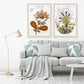 Stylish living room with a gray sofa adorned with patterned pillows reflecting classic French design, a draped blanket, botanical art prints on wall printed on fine art acid-free paper by Natural Curiosities, a Pignier Fleurs 2 in Acrylic Box floor lamp.