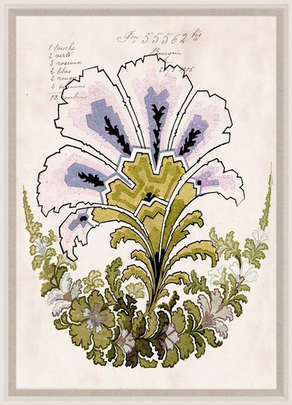 Botanical illustration featuring a stylized plant with large lavender and white petals and detailed green foliage, set against an antique fine art acid-free paper background with handwritten labels by Natural Curiosities's Pignier Fleurs 2 in Acrylic Box.