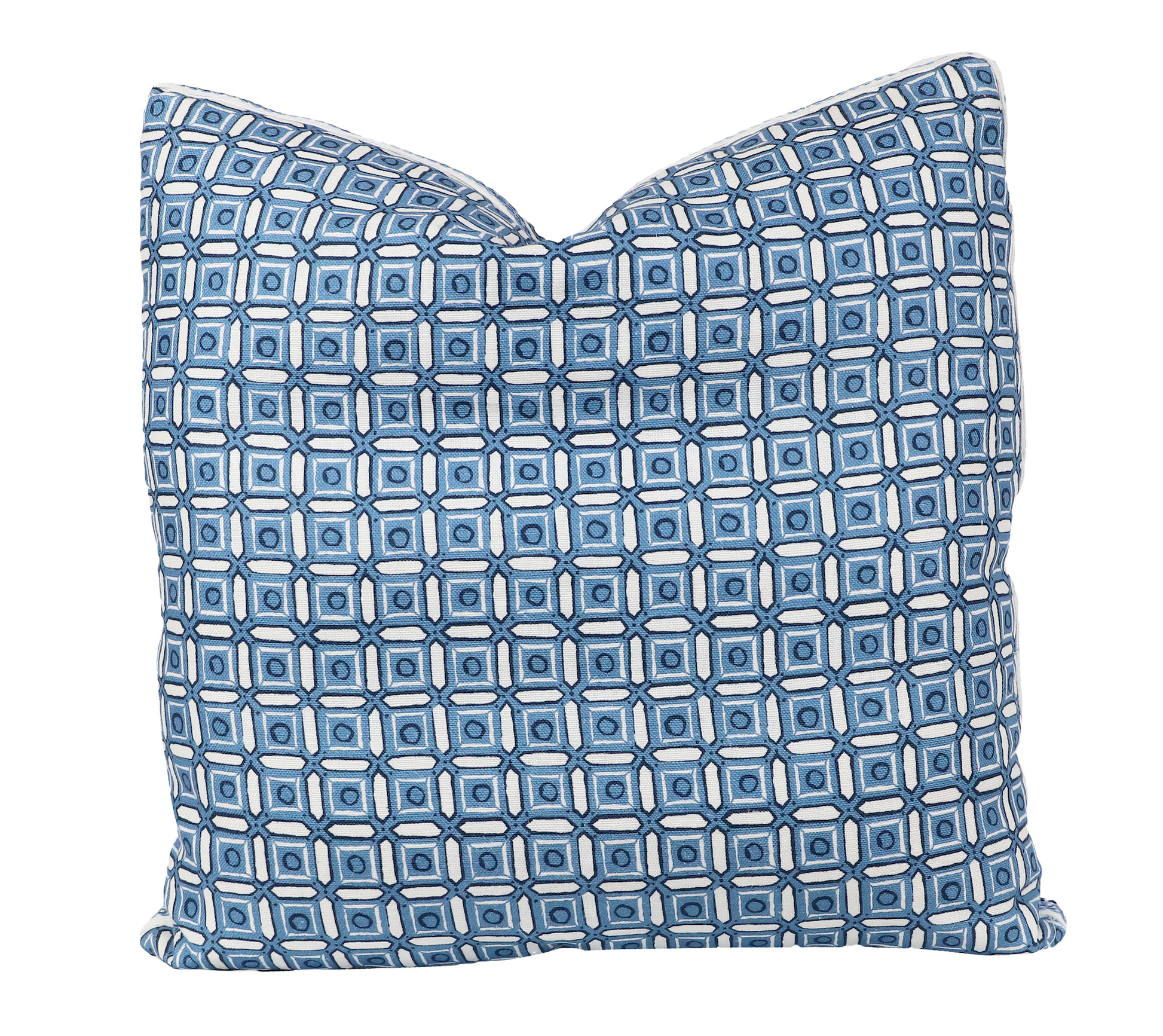 The Blue San Michele Pillow by Hive Custom Pillows is handmade with a blue and white geometric pattern of interlocking rectangles and squares.