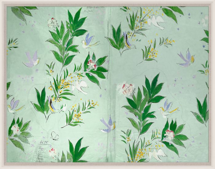 Doves by Paule Marrot in Acrylic Box by Natural Curiosities features a green floral design with leafy branches, white flowers, yellow accents, and purple birds inspired by Paule Marrot prints.
