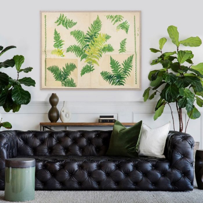 A black tufted leather sofa with green and white pillows sits before "Fern by Paule Marrot in Acrylic Box" by Natural Curiosities, flanked by potted plants and decorative vases on a white shelf.