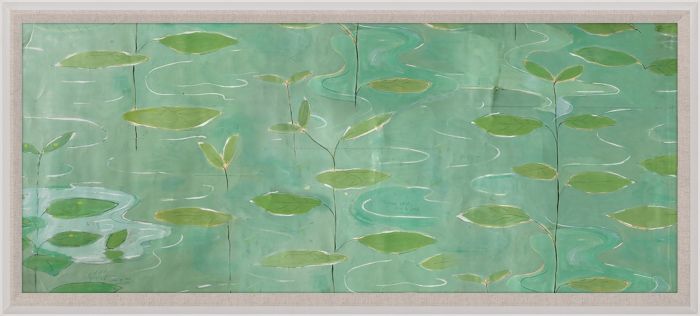 Lilies by Paule Marrot in Acrylic Box by Natural Curiosities features green lily pads and stems floating on light green water with gentle white ripples, all showcased in an elegant acrylic box frame.