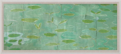 Lilies by Paule Marrot in Acrylic Box by Natural Curiosities features green lily pads and stems floating on light green water with gentle white ripples, all showcased in an elegant acrylic box frame.