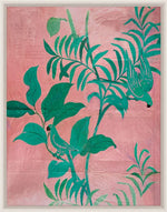 Two green parrots perch on lush leaves with a pale pink backdrop in Paule Marrot Pink Birds (42" x 54") by Natural Curiosities, echoing Art Deco charm and faint handwritten text in the corner.