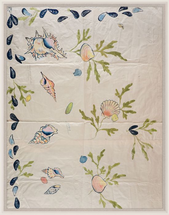 A textile from Natural Curiosities called "NC Shell 2 Art by Paule Marrot" features a pattern of seashell and seaweed illustrations on a pale background.