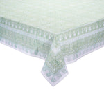 The Kim Seybert Provence Mint Tablecloth features decorative borders and traditional French-inspired intricate designs, adding elegance to any rectangular table.