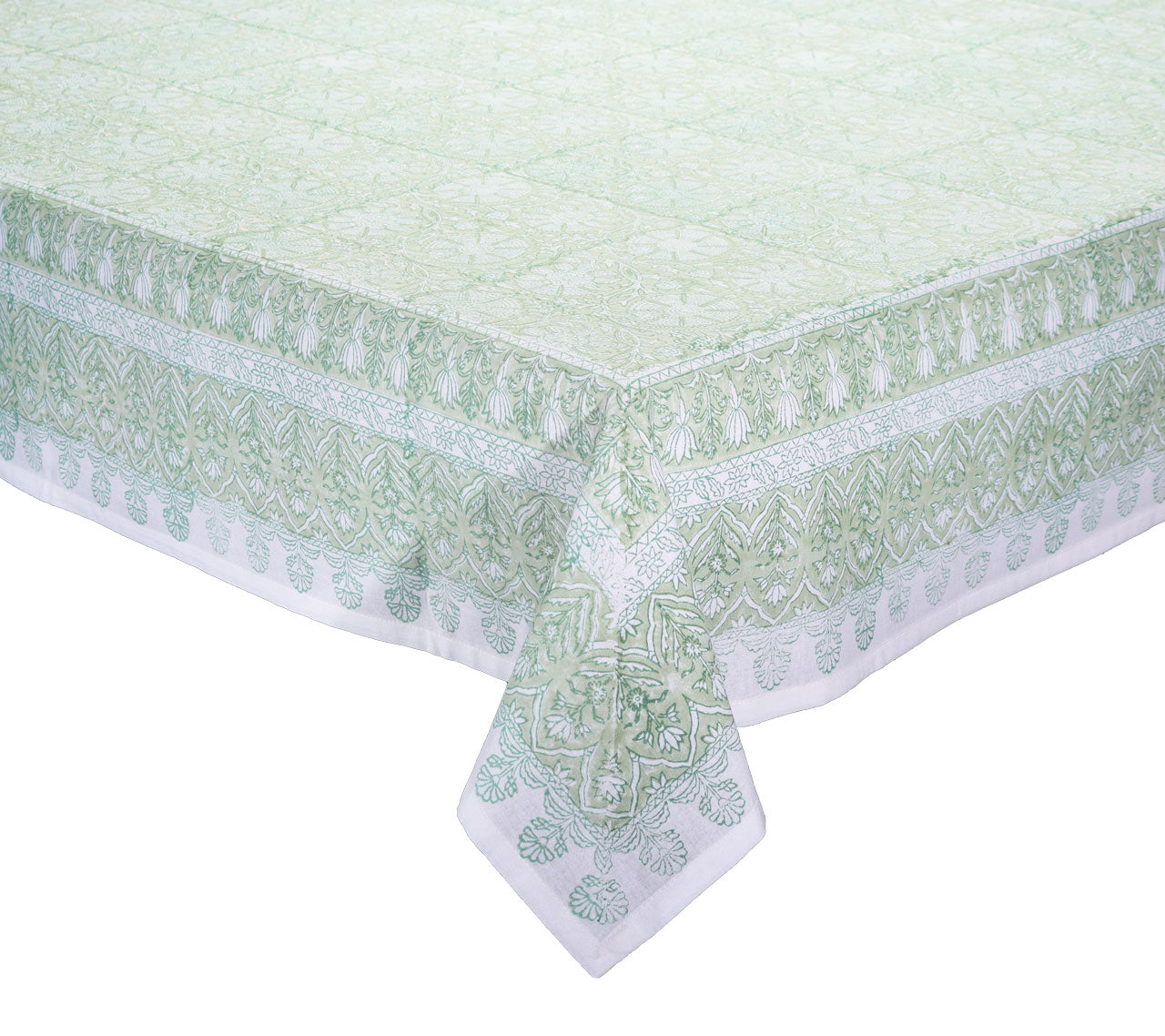 The Kim Seybert Provence Mint Tablecloth features decorative borders and traditional French-inspired intricate designs, adding elegance to any rectangular table.
