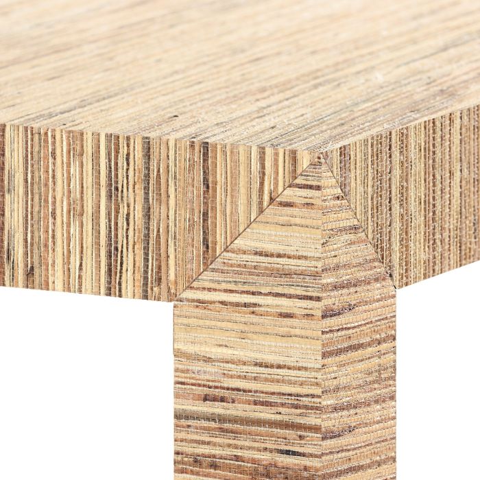 Close-up of a Parsons Papyrus Side Table in Natural corner joint of a table made from laminated wood, showcasing the texture and layers of the material by Bungalow5.