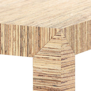 Close-up of a Parsons Papyrus Side Table in Natural corner joint of a table made from laminated wood, showcasing the texture and layers of the material by Bungalow5.