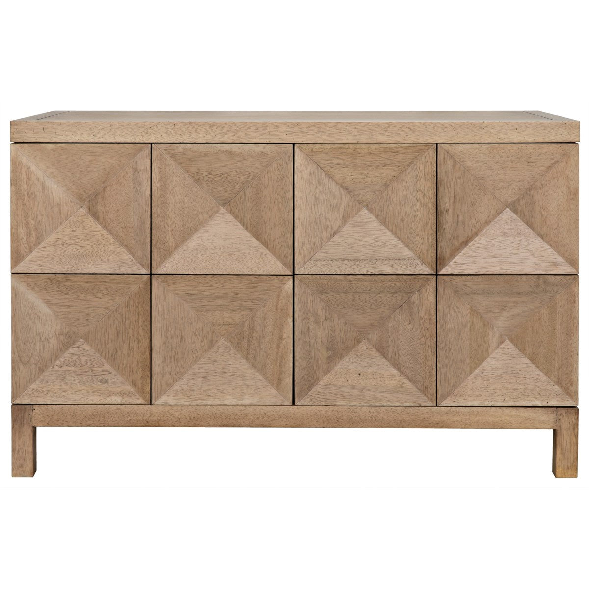 The Noir Quadrant 2 Door Sideboard in washed walnut features raised square panels and stands on four sturdy legs.