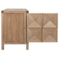 The Noir Quadrant 2 Door Sideboard in Washed Walnut features geometric drawer fronts with four square, pyramid-patterned panels on the right and a plain rectangular door on the left, all crafted to perfection.