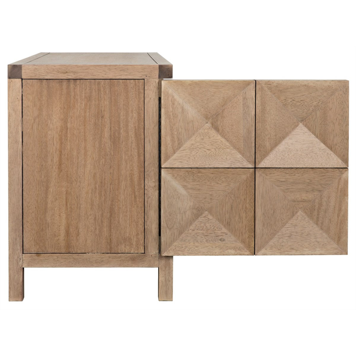 The Noir Quadrant 2 Door Sideboard in Washed Walnut features geometric drawer fronts with four square, pyramid-patterned panels on the right and a plain rectangular door on the left, all crafted to perfection.