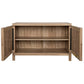 The Noir Quadrant 2 Door Sideboard, with its washed walnut finish, features two open doors revealing two shelves. Its simple design and natural elegance make it a versatile addition to any space.