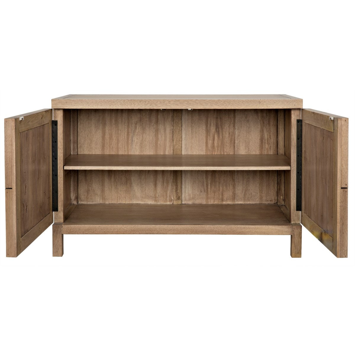The Noir Quadrant 2 Door Sideboard, with its washed walnut finish, features two open doors revealing two shelves. Its simple design and natural elegance make it a versatile addition to any space.