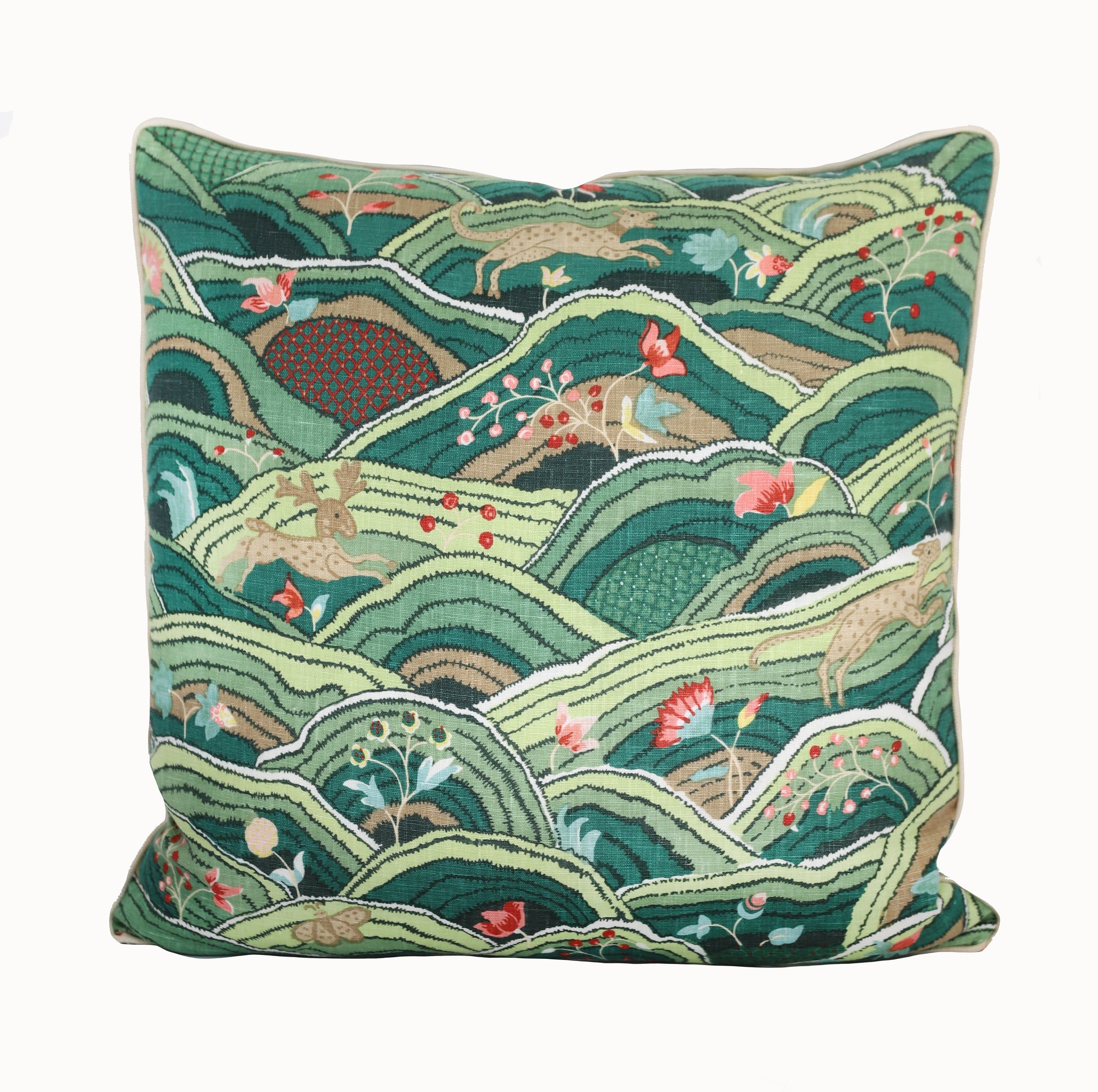 An Edgar Custom Drapery Rolling Hills Pillow with a Rolling Hills embroidered design on it.