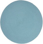 The Deborah Rhodes Linen Braid Placemat Set features round, flat, light blue woven placemats with a textured spiral pattern—durable and ideal for bridal registries.