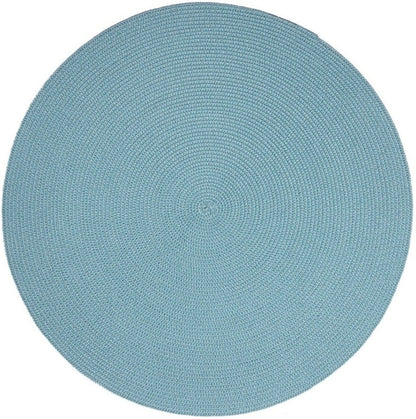 The Deborah Rhodes Linen Braid Placemat Set features round, flat, light blue woven placemats with a textured spiral pattern—durable and ideal for bridal registries.