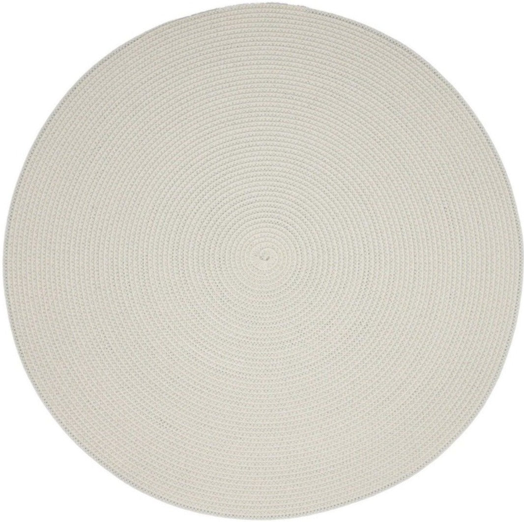 The Deborah Rhodes Linen Braid Placemat Set features round, light beige braided placemats with subtle concentric patterns, reminiscent of woven rugs—an ideal and unique choice for any bridal registry.