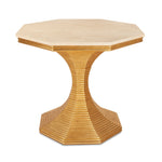 The Hourglass Table in Gold Patina by Bunny Williams features a beige octagonal top with an antique gold textured pedestal base and a hexagonal platform, exuding timeless charm.