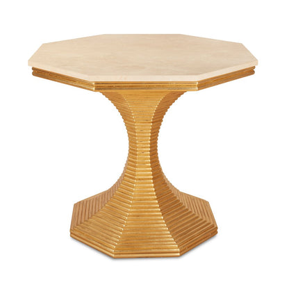 The Hourglass Table in Gold Patina by Bunny Williams features a beige octagonal top with an antique gold textured pedestal base and a hexagonal platform, exuding timeless charm.