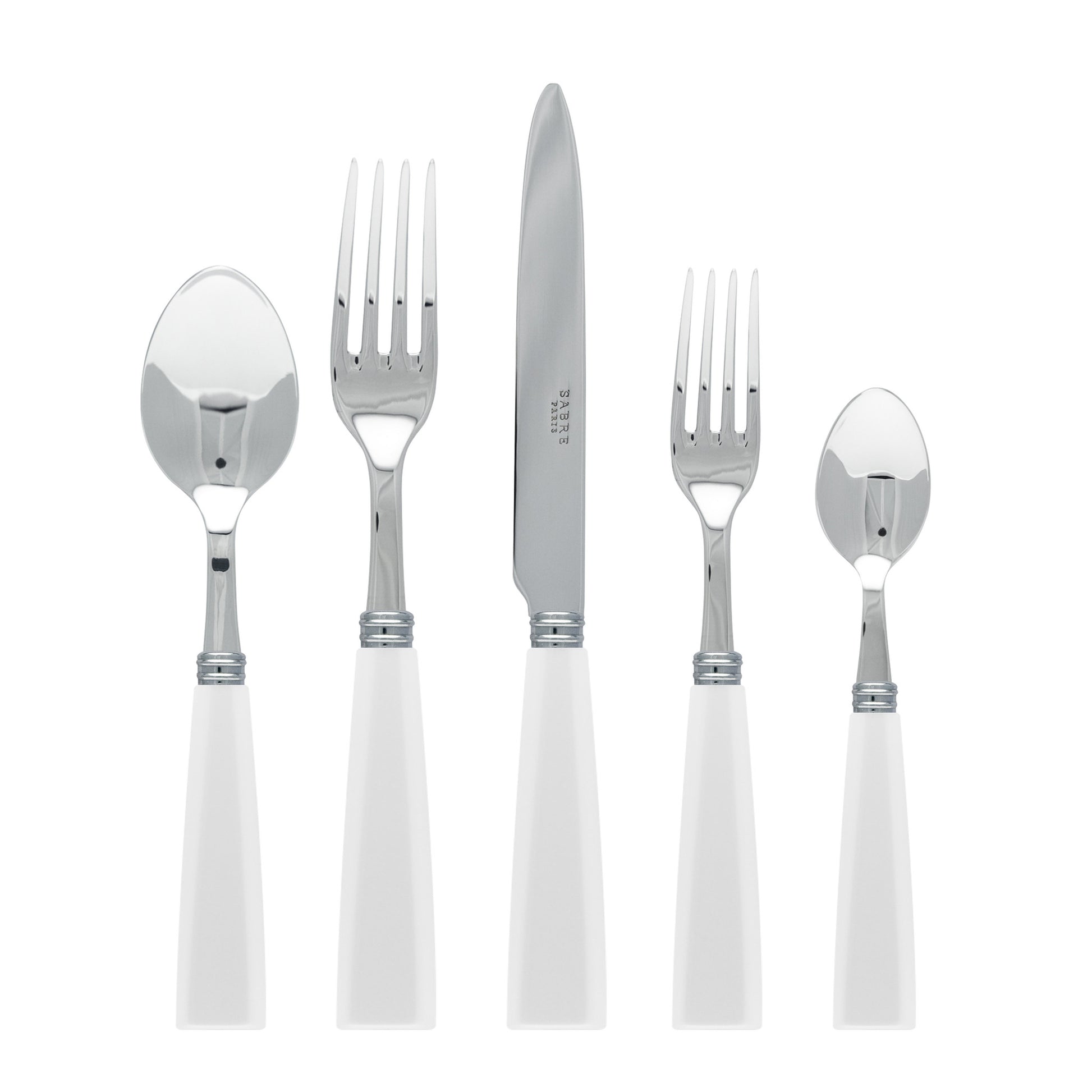 The Sabre Natural White Place Setting features five cutlery pieces—tablespoon, dinner fork, knife, salad fork, and teaspoon—with white handles, arranged in a row for an elegant touch to your table.