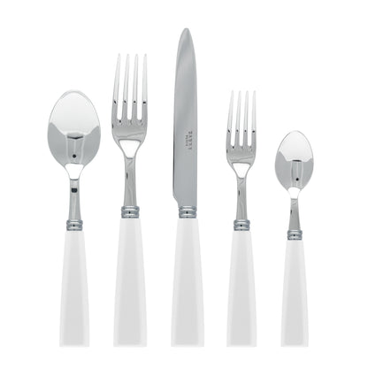 The Sabre Natural White Place Setting features five cutlery pieces—tablespoon, dinner fork, knife, salad fork, and teaspoon—with white handles, arranged in a row for an elegant touch to your table.